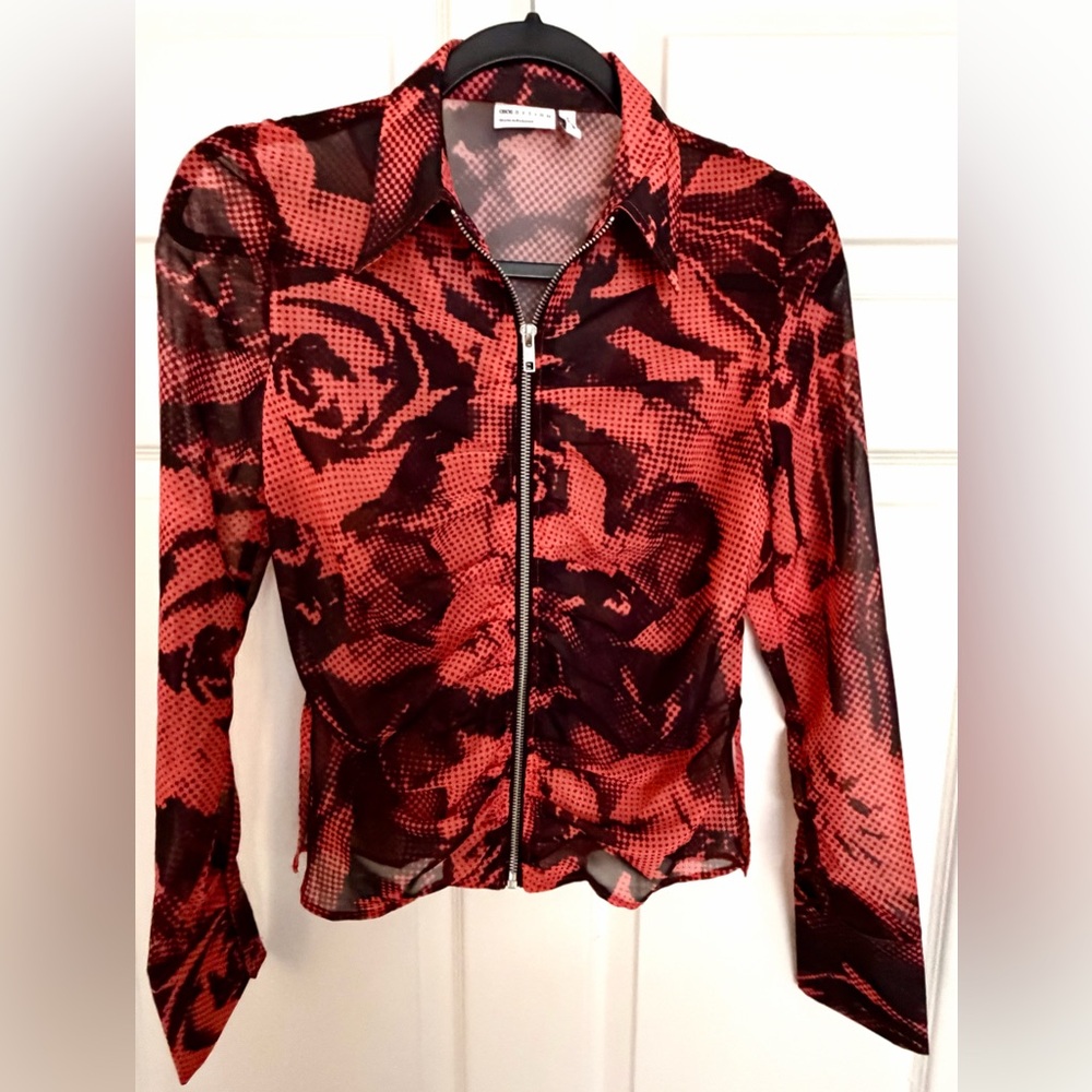 ASOS Femme Fatale Red & Black Rose Pattern Sheer Zip Front Collar Blouse